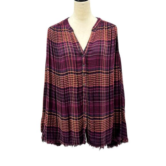 Free People Come On Over Maroon Wine Plaid Flannel Oversized Long Sleeve Shirt - Picture 3 of 14